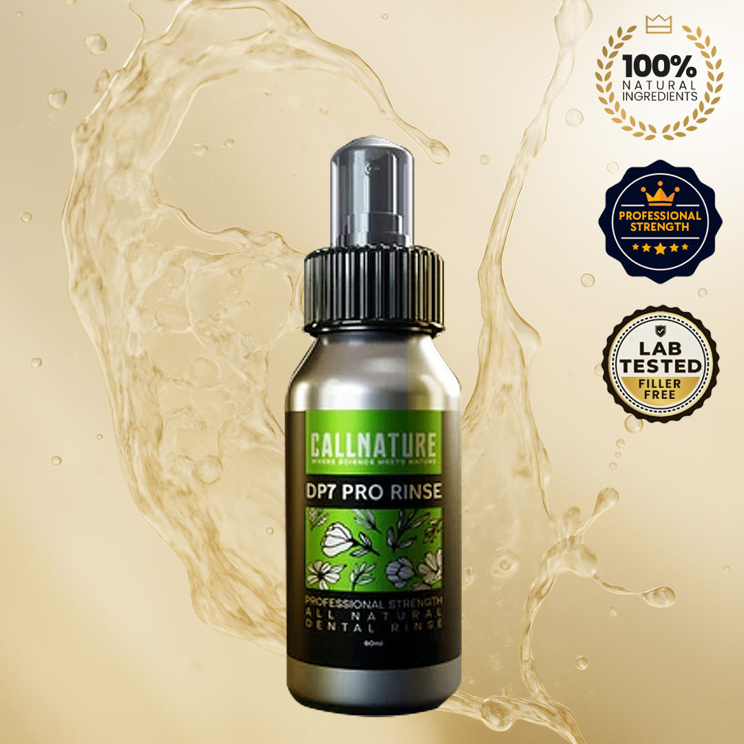 Bottle of DP7 Rinse for gum redness and irritation