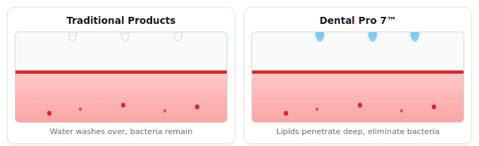 Scientific illustration comparing water-based and lipid-based delivery to gum tissue